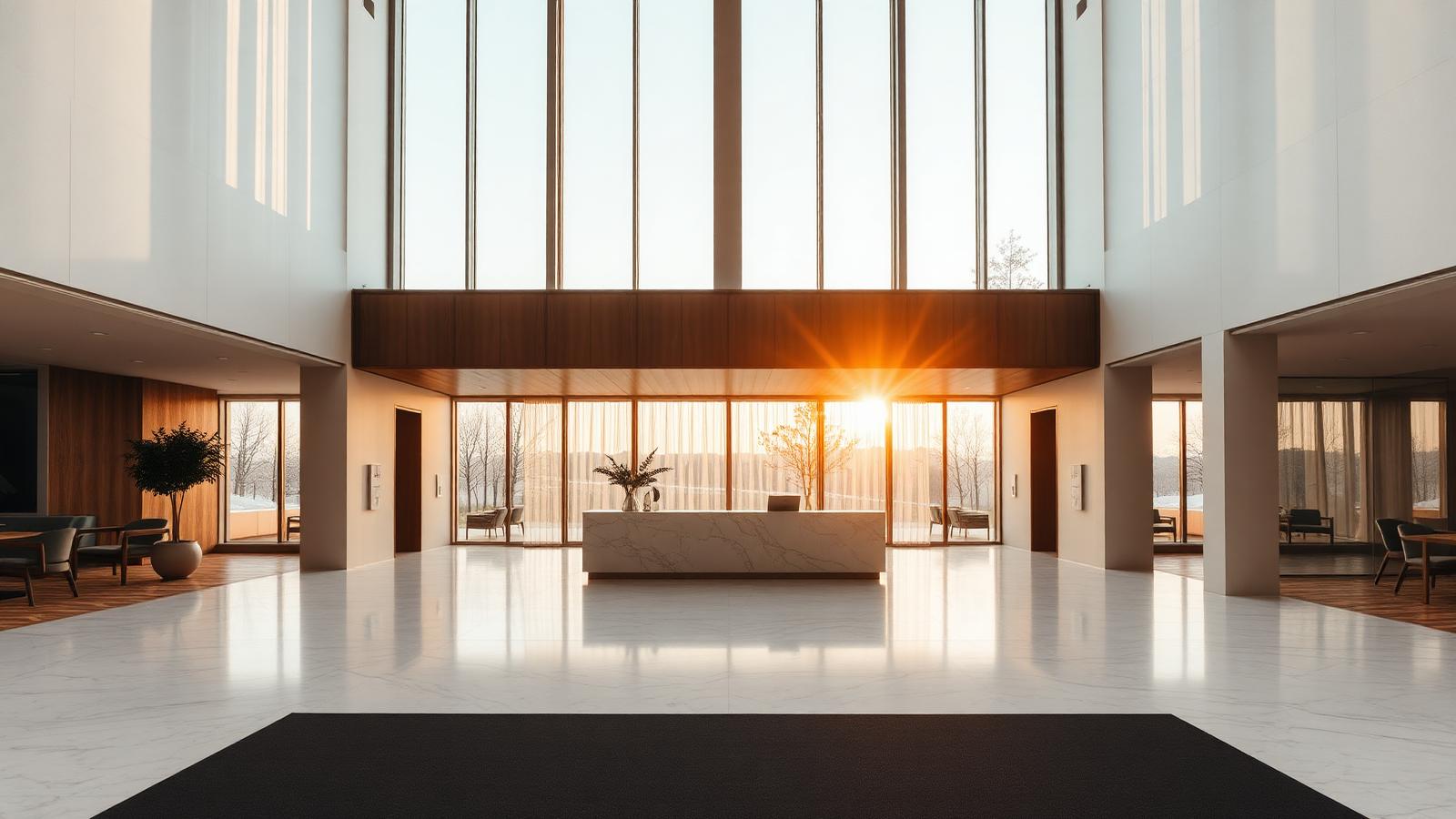Lobby de hotel boutique al amanecer